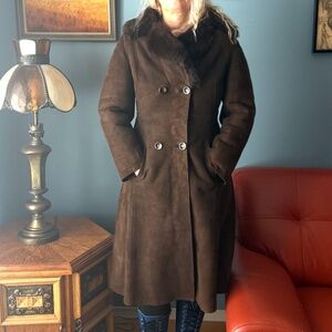 Vintage Brown Leather Coat with Fur Collar